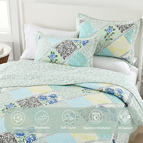Blue Grey 100% Cotton Queen Size 3-Pieces Quilt Bedding Set T837358