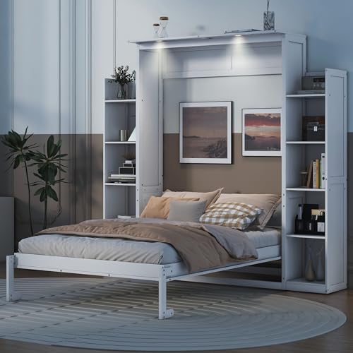 White Full Size Wood Murphy Bed with Shelves and Led Lights M5613
