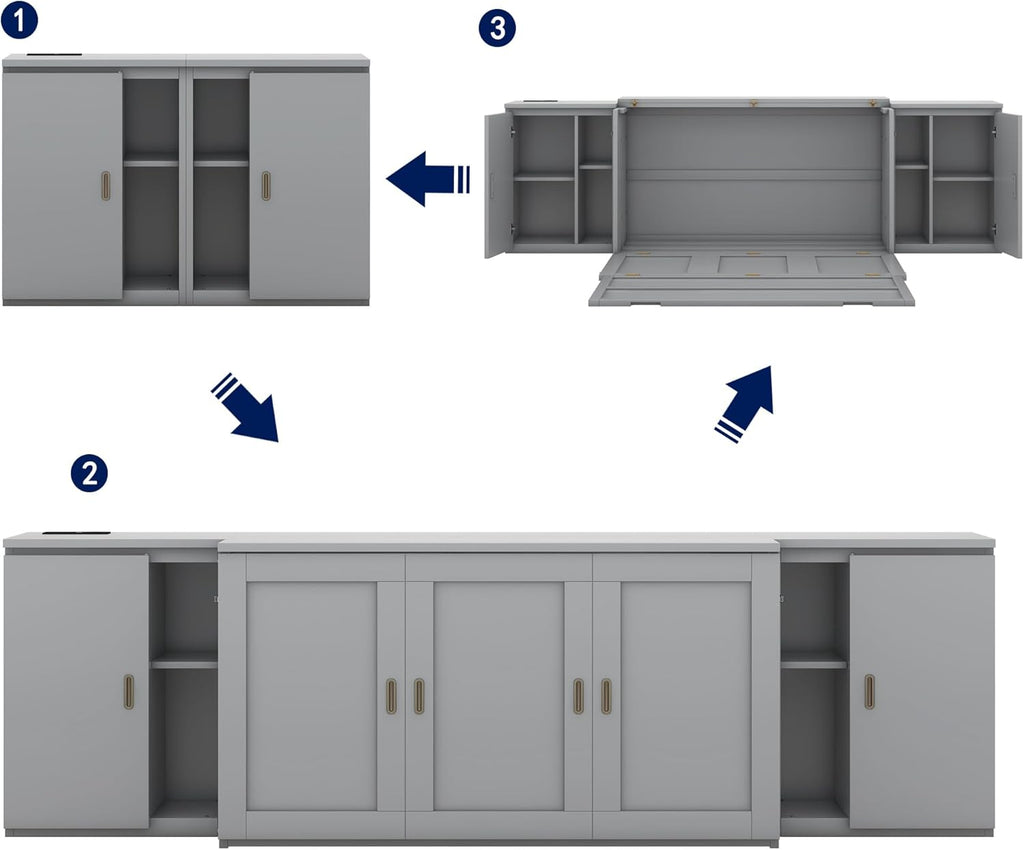 Queen Size Gray Murphy Wall Bed with Shelves and Cabinets H996205