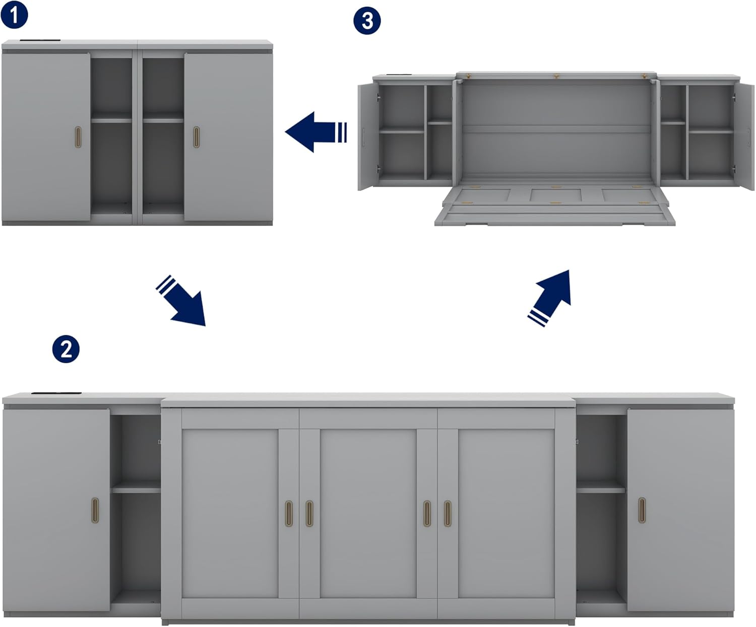 Queen Size Gray Murphy Wall Bed with Shelves and Cabinets H996205