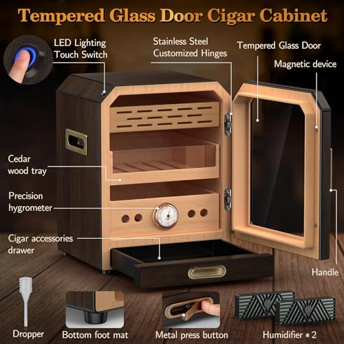 Lighted Magnetic Door Desktop Cigar Humidor Cabinet with Drawer, 3 Layer, Brown B78421