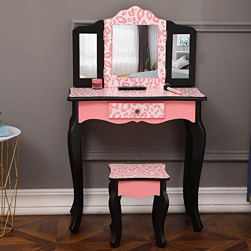 Pink Kids Vanity Table and Chair Set with Tri-Folding Mirror U93016