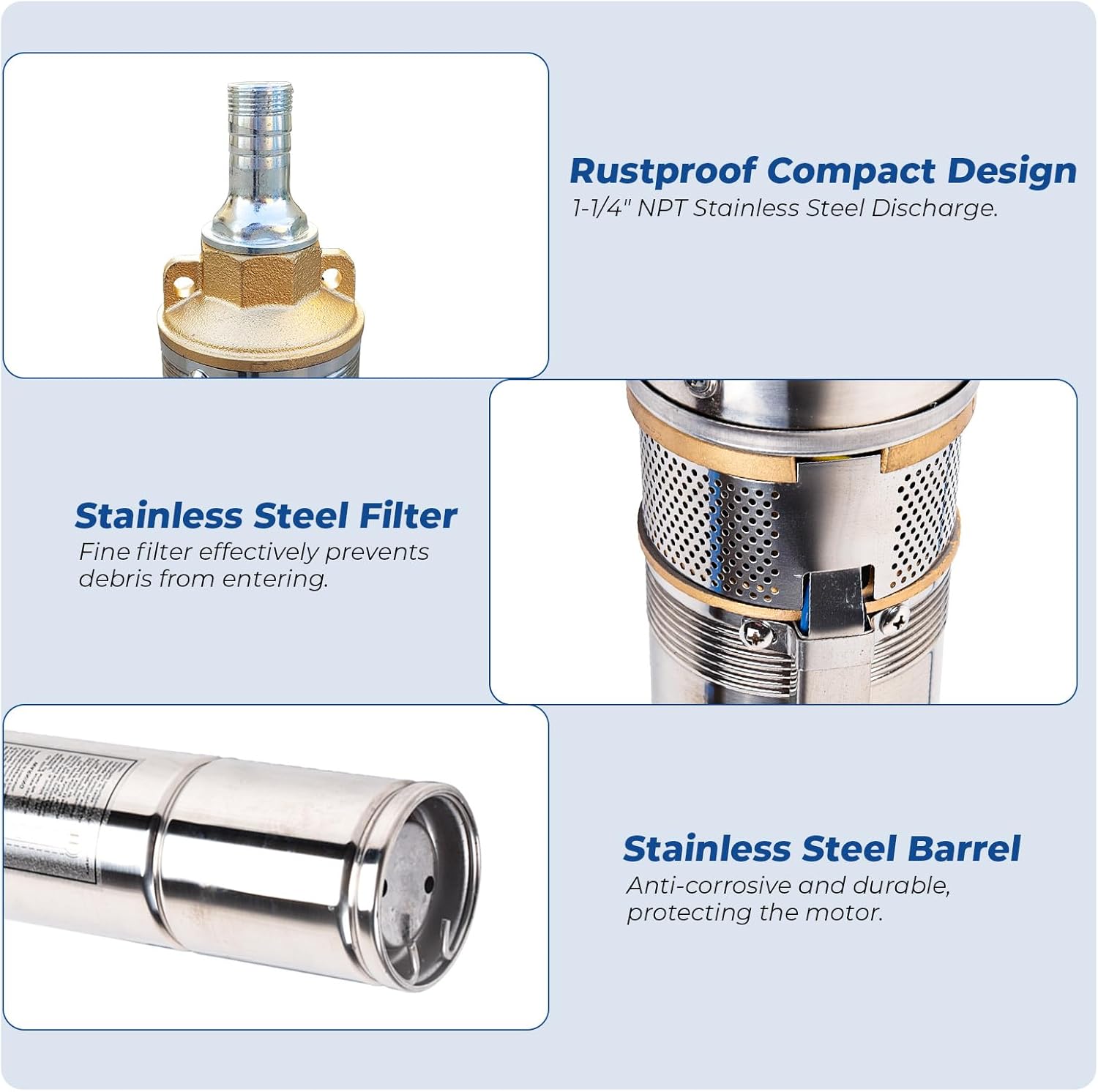 1HP 220V 60HZ 0.75KW Stainless Steel Submersible Well Pump, 1.25" Outlet, 33GPM 207ft Head K875610