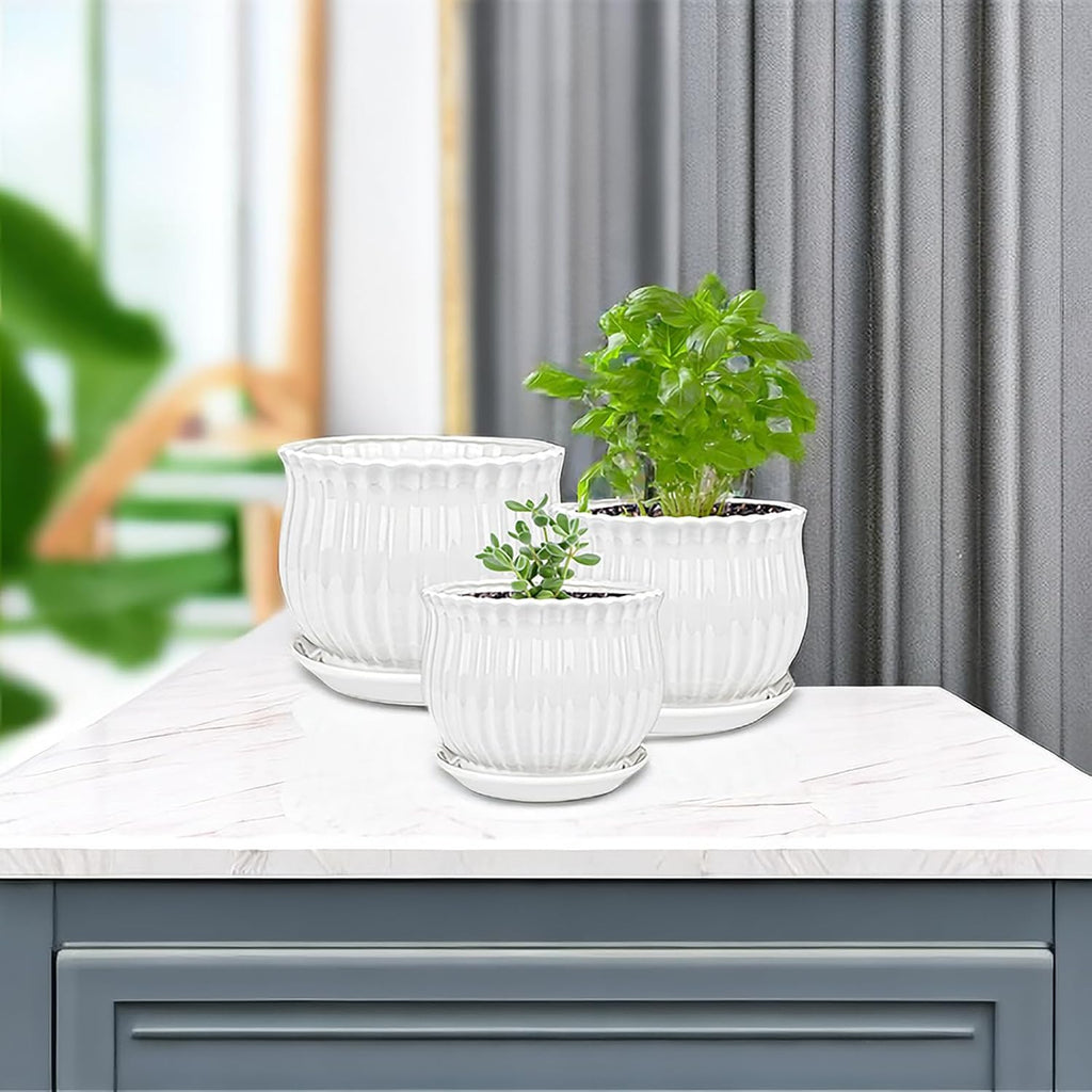 Ceramic Flower Plant Pots with Saucer, Set of 3 in Different Sizes N151755
