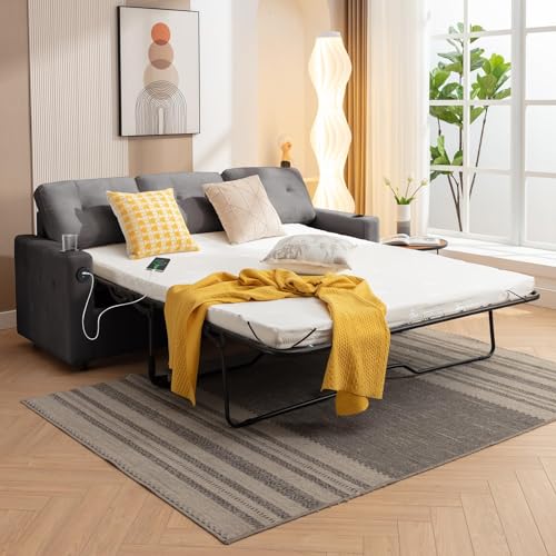 Beige Queen Pull Out Sofa Bed with Memory Foam Mattress K5370