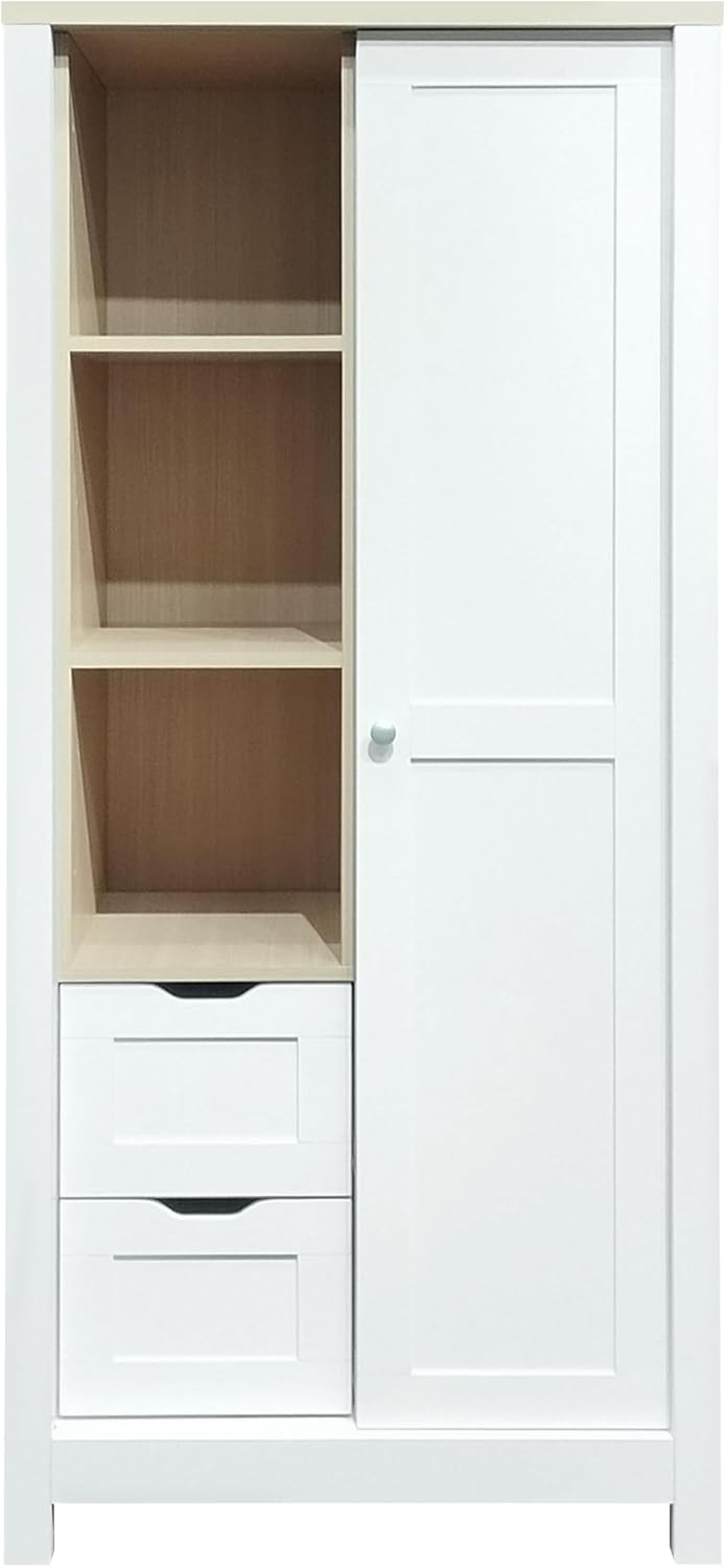 White Wooden Wardrobe Closet with 2 Drawers and Sliding Door M5632