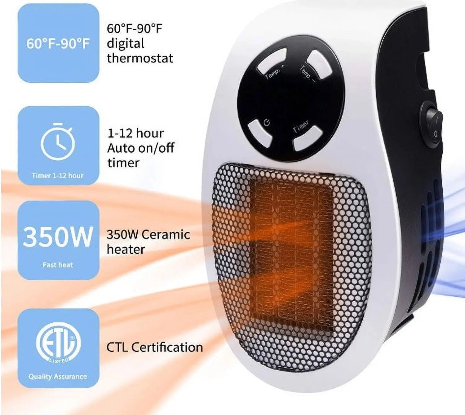 500W Mini Plug-in Wall Heater With Digital Timer F54030