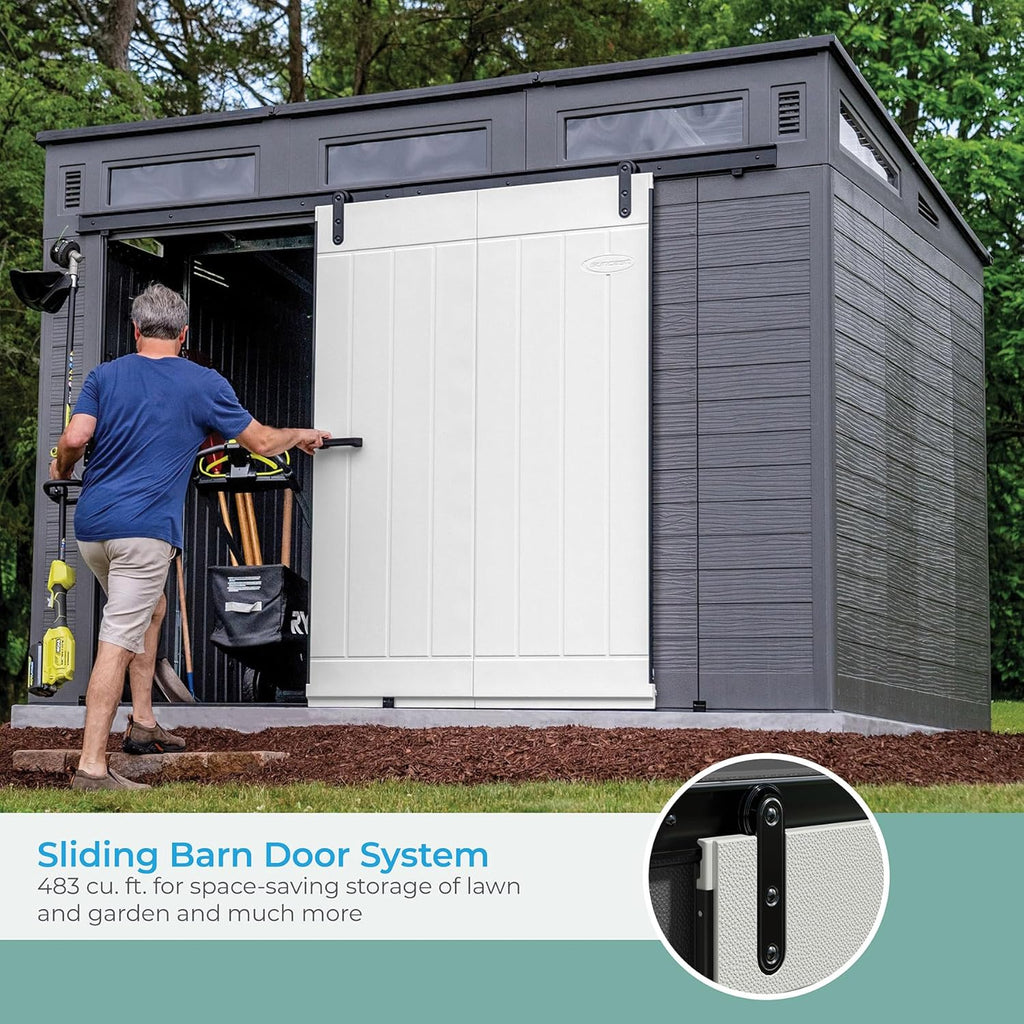 Gray and Black 10 Foot by 7 Foot Outdoor Plastic Storage Shed with Sliding Barn Door C610832