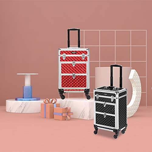 Red Rolling Makeup Train Case with 4 Removable Wheels & 2 Sliding Drawers M858434