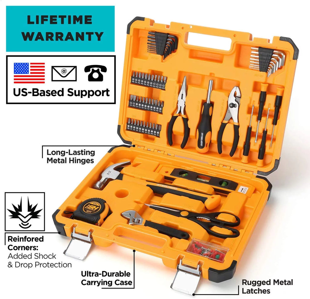62-Piece Tool Set with Screwdriver Handle, 33 Bits, Pliers, Tape Measure, Torpedo Level, Hammer, Scissors, Wrench, Reinforced Case I77719