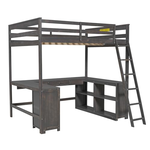 Full Size Solid Wood Loft Bed with Desk and Storage Drawers (White) N219