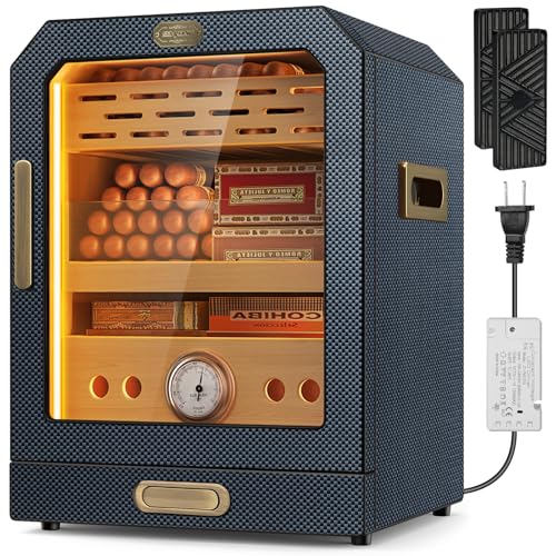 Lighted Magnetic Door Desktop Cigar Humidor Cabinet with Drawer, 3 Layer, Brown B78421
