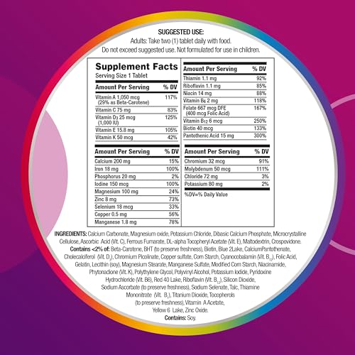 Multivitamin Tablet with Iron, Vitamin D3, B Vitamins, C, E, Gluten Free, Non-GMO - 200 Count I114086