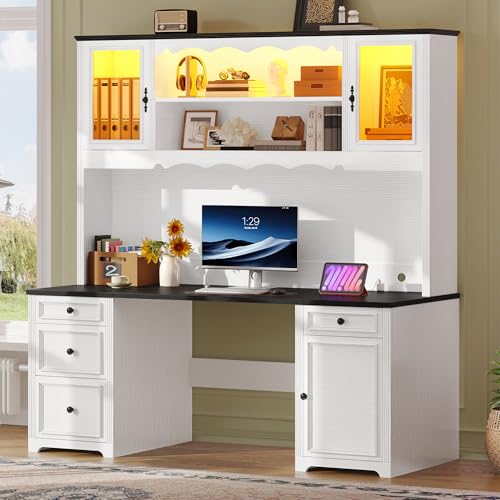 White & Black Executive Desk with Hutch and Drawers, Power Outlet & LED Lights, Storage Shelves, Storage Cabinet with Glass Door H3563