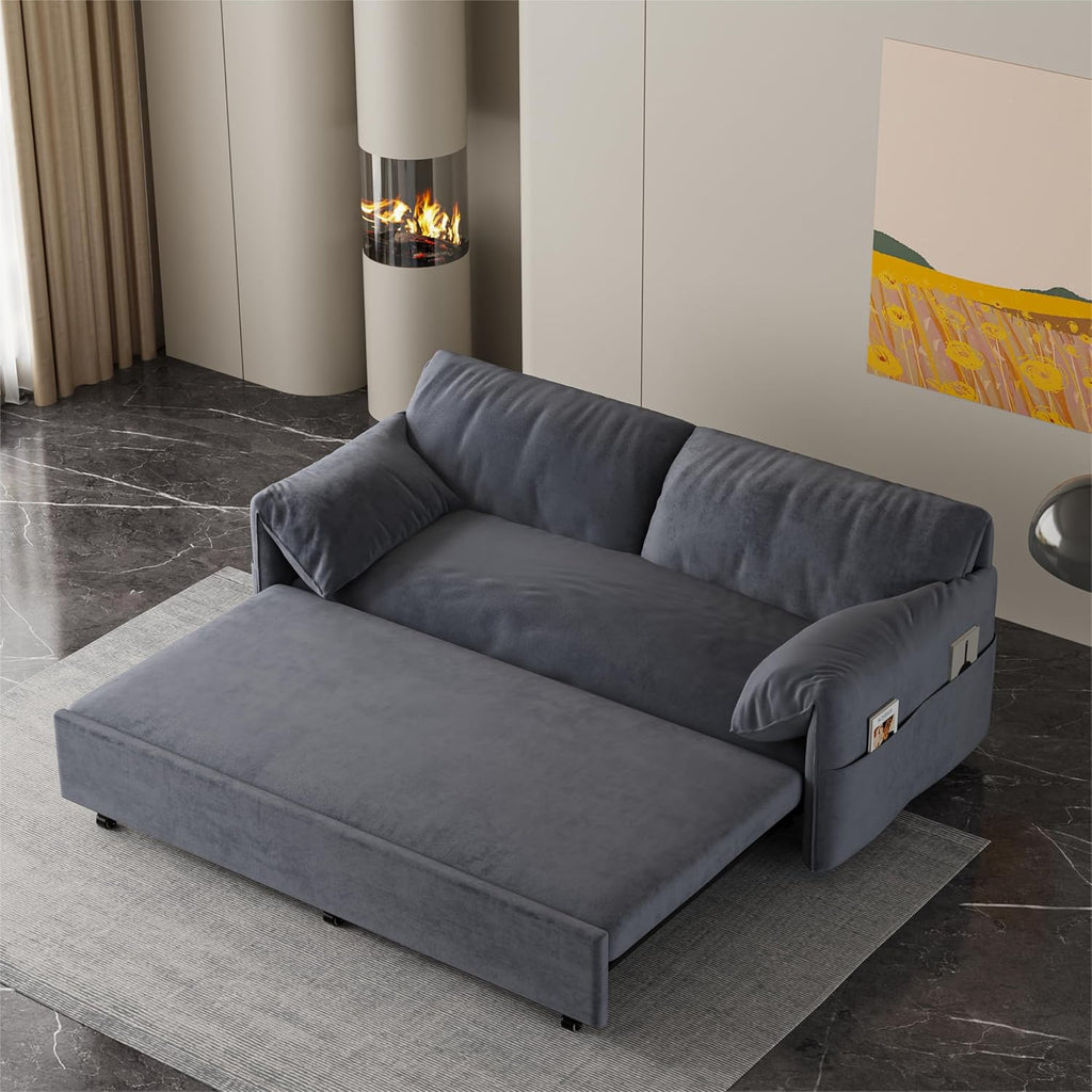 63.8" Queen Pull Out Velvet Sofa Bed with 2 Pillows C2137