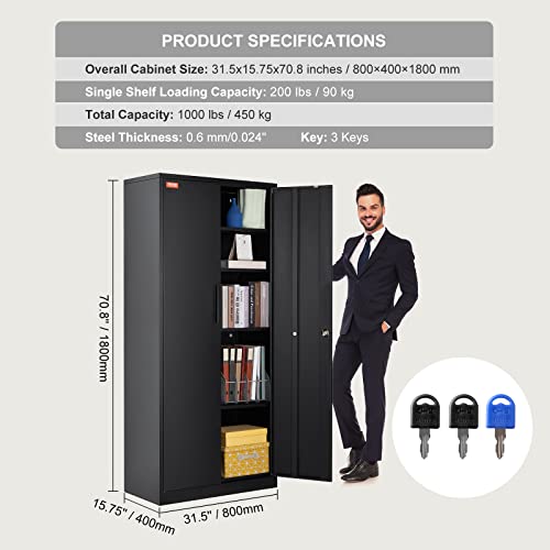 Black Metal Storage Cabinet with 2 Doors and 4 Adjustable Shelves V126