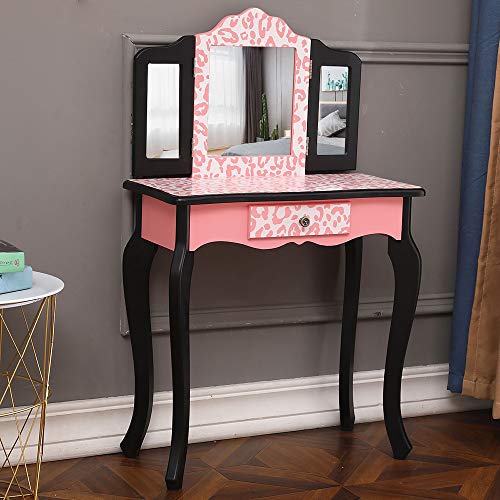 Pink Kids Vanity Table and Chair Set with Tri-Folding Mirror U93016