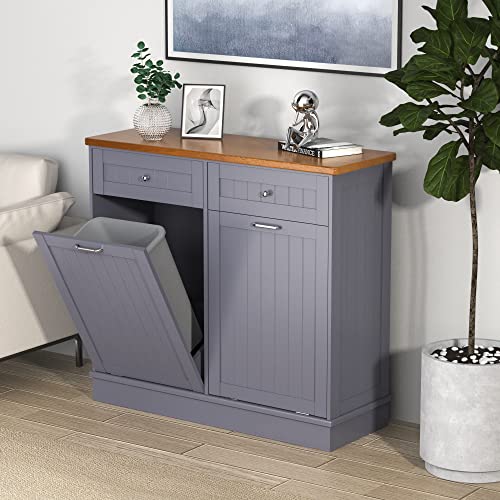 Black Double Tilt Out Trash Cabinet 20 Gallon with Solid Wood Tabletop C10088