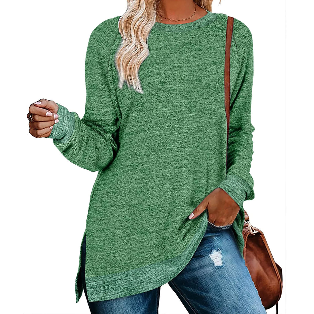 Green Long Sleeve Color Block Tunic Tops X605