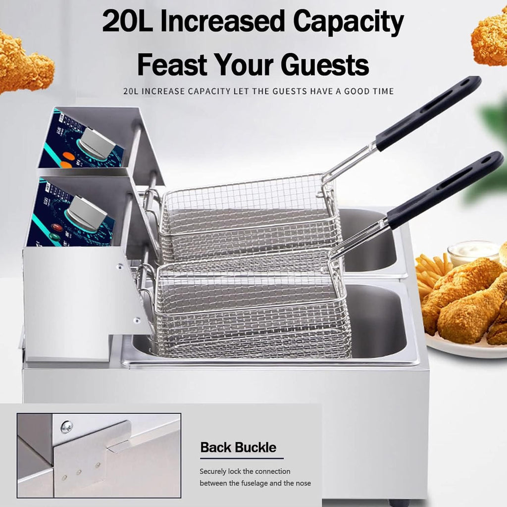 20L Electric Double-Cylinder Stainless Steel Deep Fat Fryer with 2 Fry Basket And Lid D1841