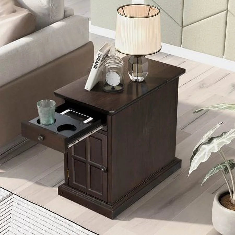 Antique Espresso End Table with USB Ports Drawer and Cup Holders R992052