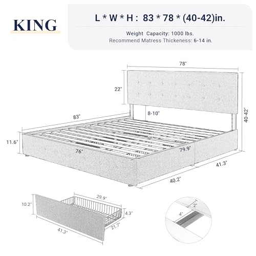 Light Grey Queen Size Platform Bed Frame with 4 Storage Drawers C349556