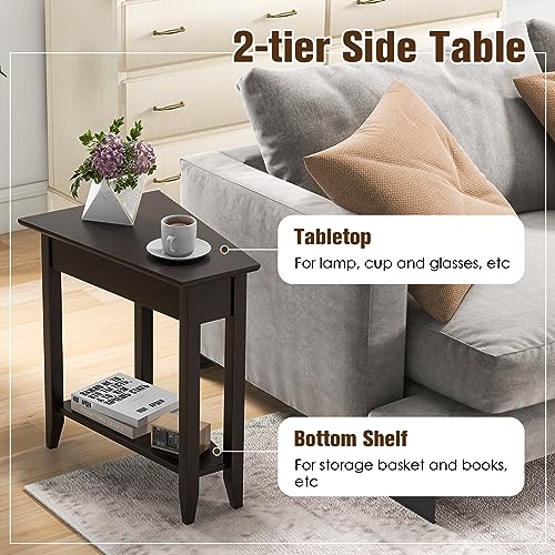 Espresso Wedge End Table with Storage Shelf and Solid Wood Legs N1984