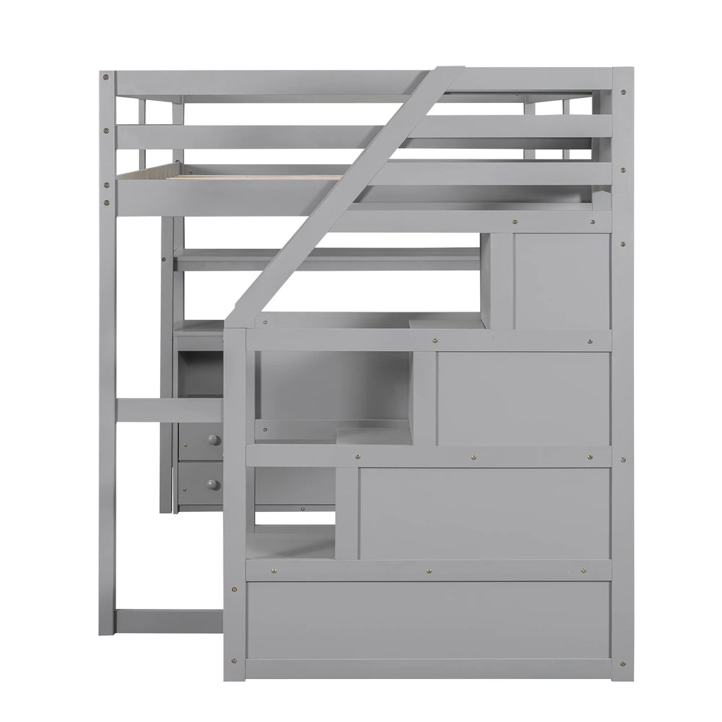 Full Wood Loft Bed with Desk, Storage Stairs, Two Drawers T505595