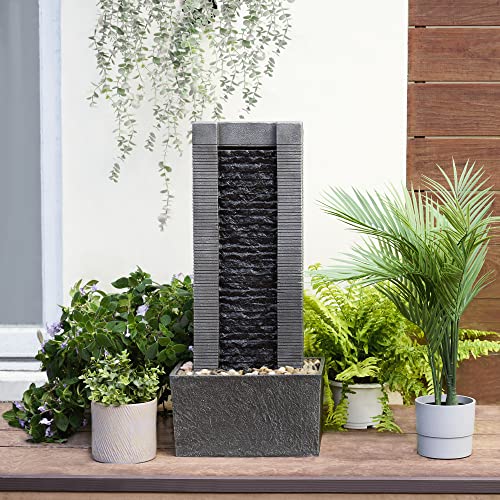 Gray Water Fountain with LED Lights and Pebble Stones, 29.25 inch Tall W272