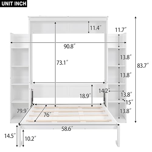 White Full Size Wood Murphy Bed with Shelves and Led Lights M5613