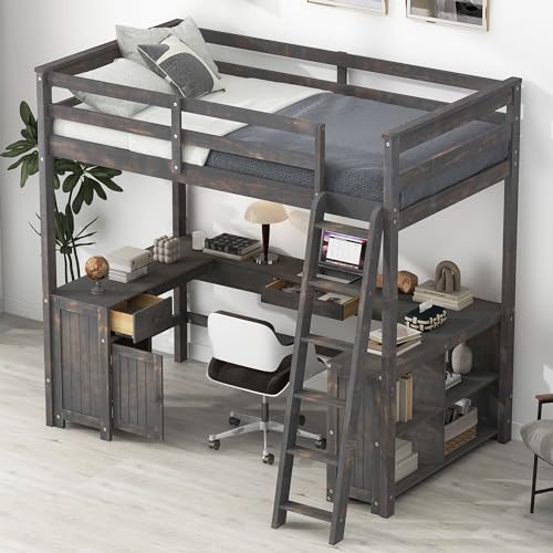 Full Size Solid Wood Loft Bed with Desk and Storage Drawers (White) N219