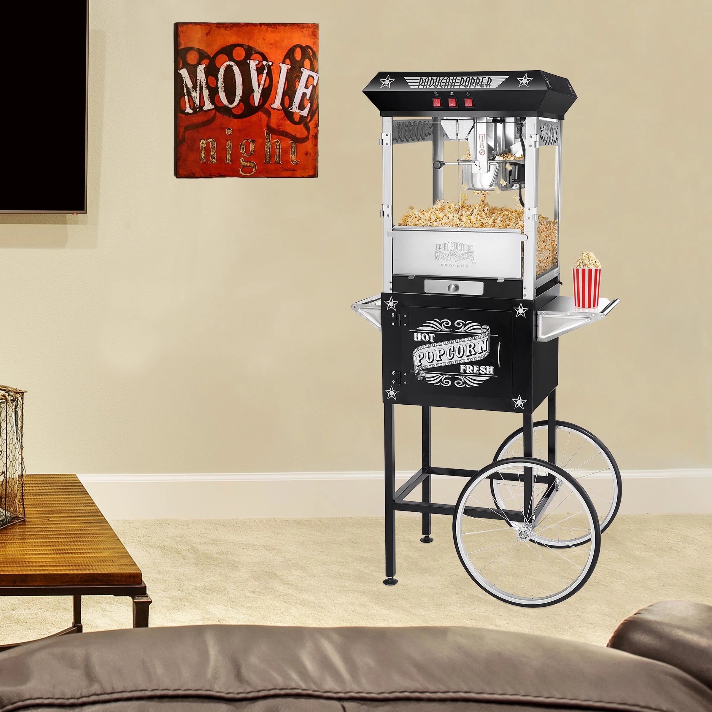 Black Antique Style 8oz Popcorn Popper Machine with Cart E599918
