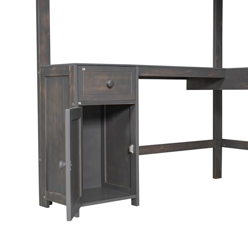 Full Size Solid Wood Loft Bed with Desk and Storage Drawers (White) N219