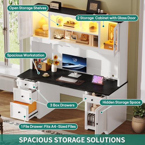 White & Black Executive Desk with Hutch and Drawers, Power Outlet & LED Lights, Storage Shelves, Storage Cabinet with Glass Door H3563
