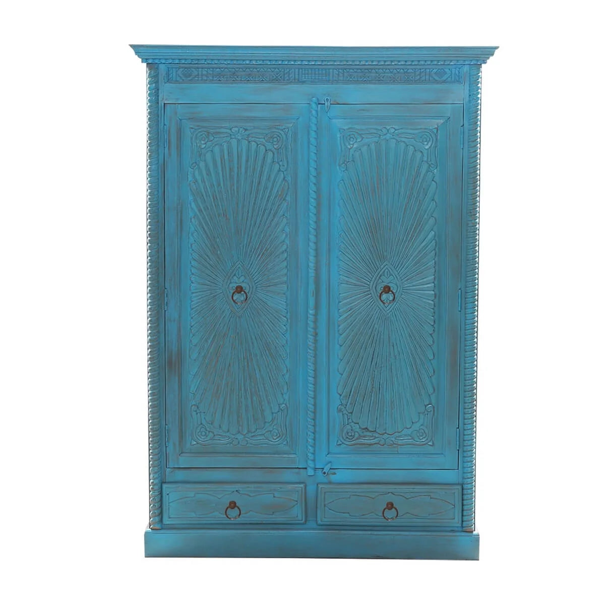 Turquoise Hand Carved Solid Wood 2 Drawer Armoire H880
