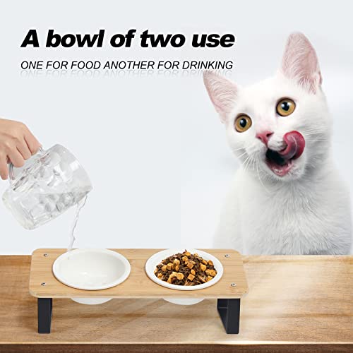 Ceramic Cat Bowl with Stand 15° Tilted Raised Cat Bowl Bamboo Cat Feeding Station K4416