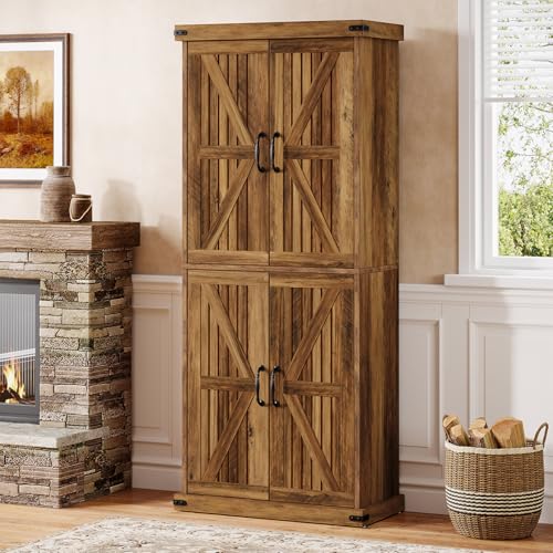 71" Tall Kitchen Pantry, Farmhouse Storage Cabinet with Barn Doors and Adjustable Shelves, Rustic Wooden Cupboard, Brown R807585