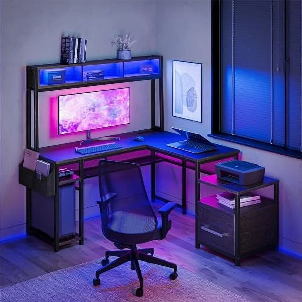 Computer Desk with Monitor Stand and File Cabinet, 104" Long L-Shaped Desk with RGB LED Lights and USB AC Outlet X727408