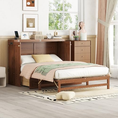 Queen Size Walnut Cabinet Murphy Bed with Drawer W716909