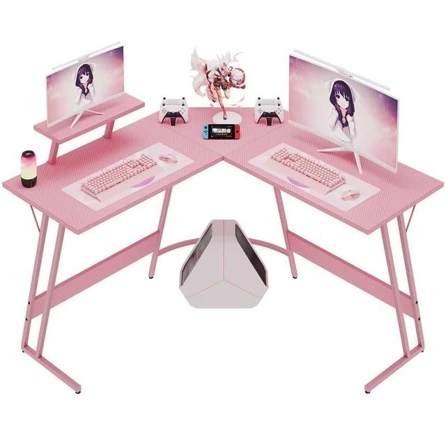 Pink 47 Inch L Shaped Computer Desk with Carbon Fiber Surface S50882