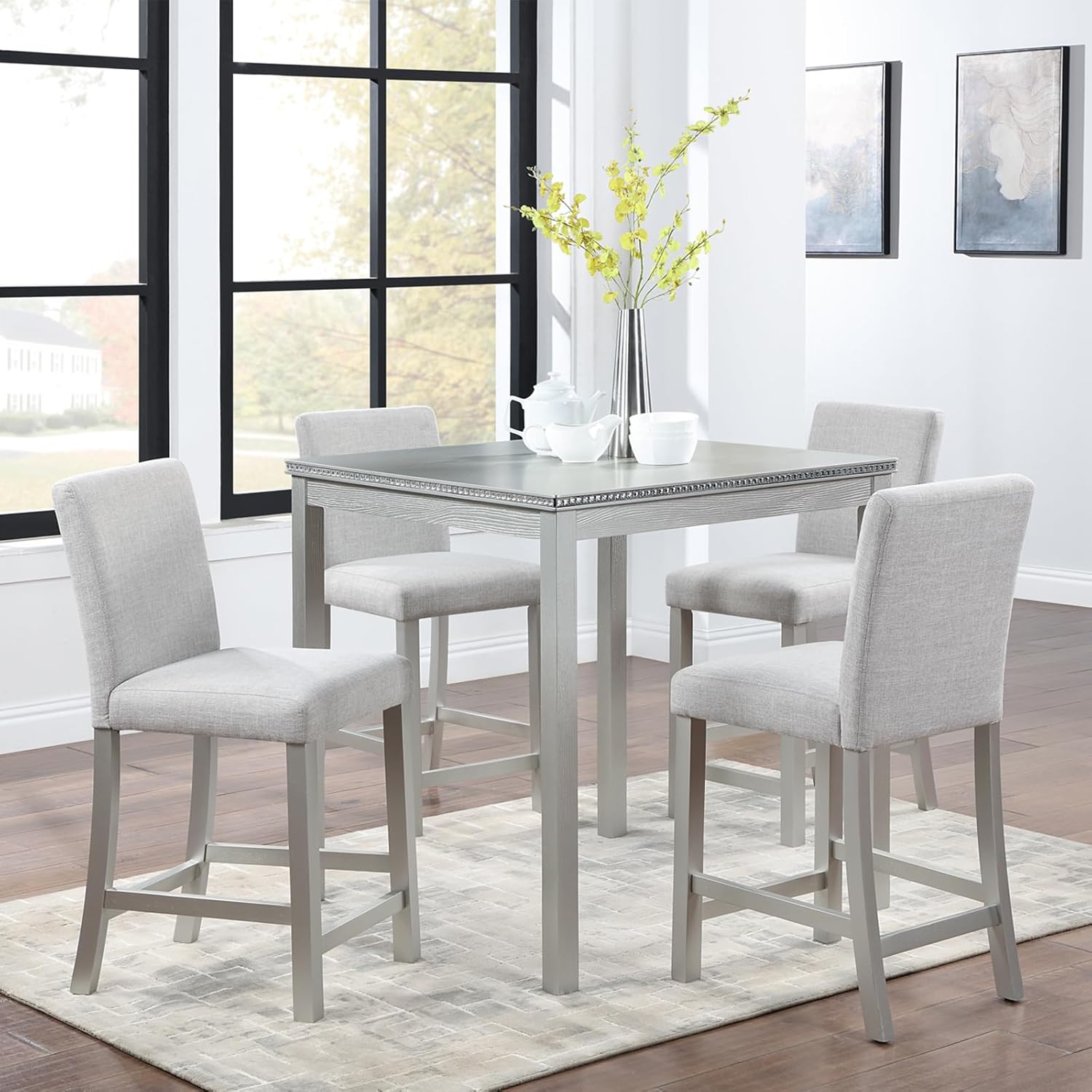5-Piece Acacia Wood Counter Height Dining Table Set with 4 Upholstered-Seat Chairs B854