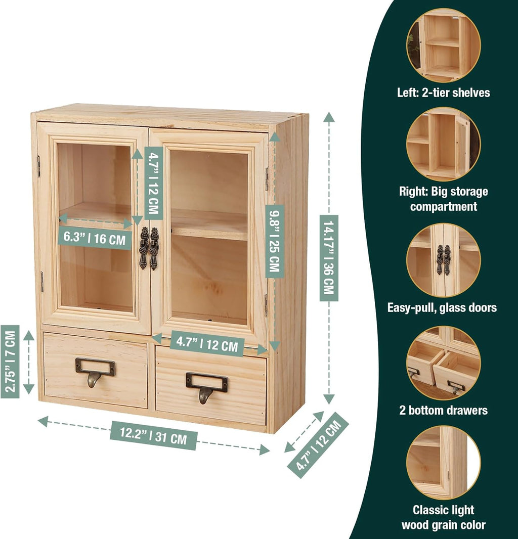 Mini Table Top Storage Cabinet with Clear Glass Doors, 2 Bottom Drawers, Light Wood Grain A784