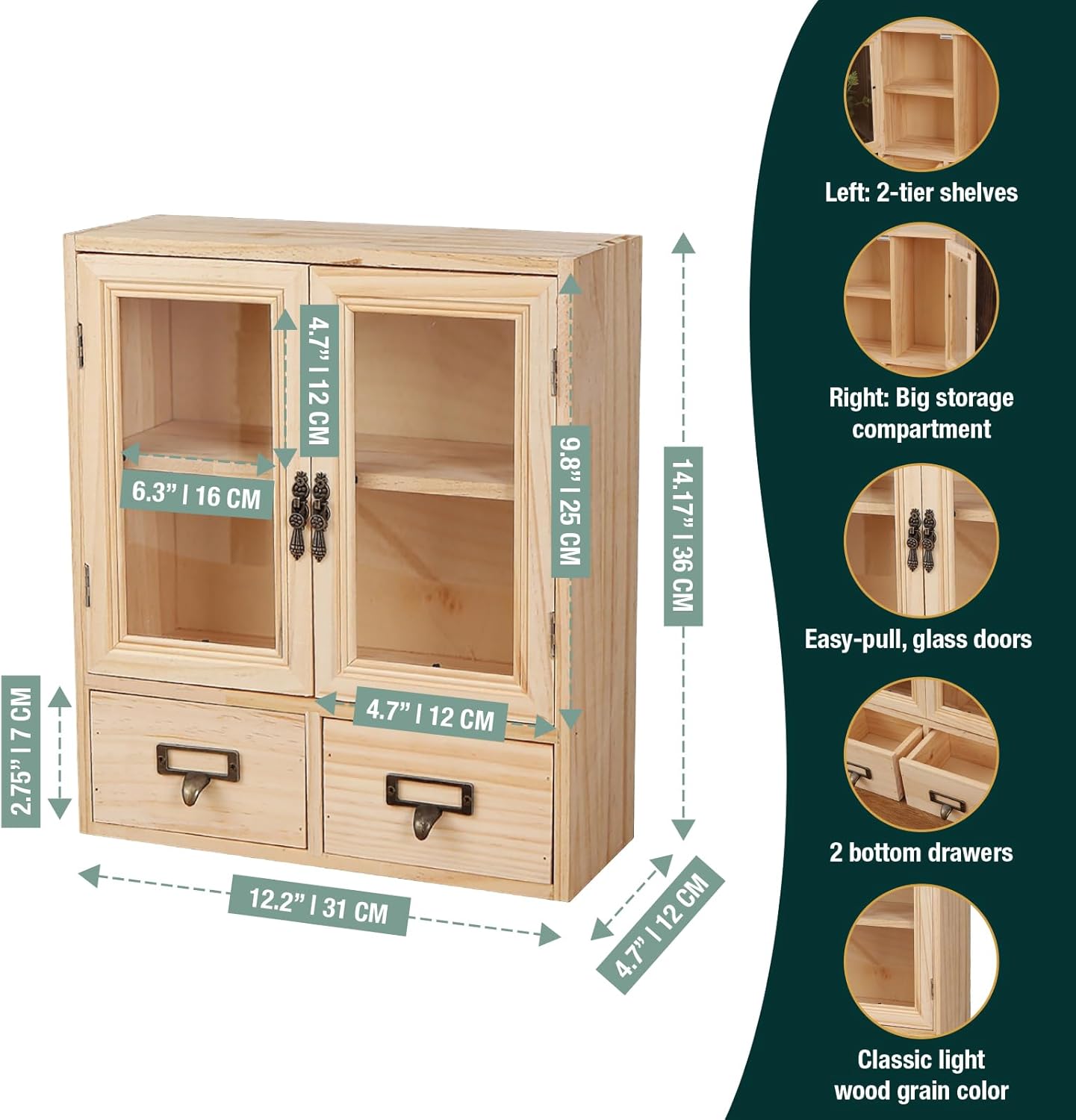 Mini Table Top Storage Cabinet with Clear Glass Doors, 2 Bottom Drawers, Light Wood Grain A784
