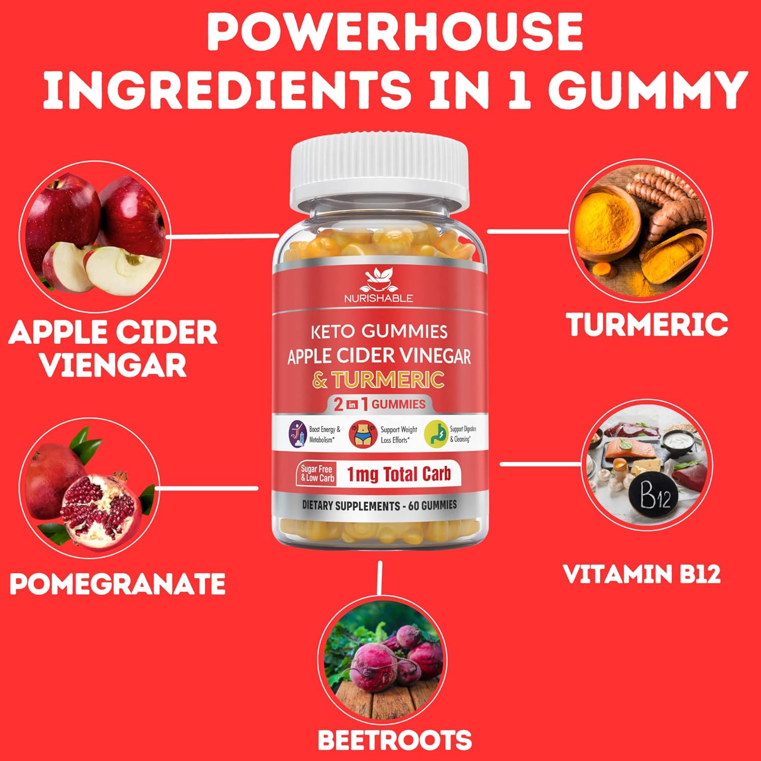 ACV Keto Gummies with Apple Cider Vinegar and Turmeric - 60 Gummies S781222