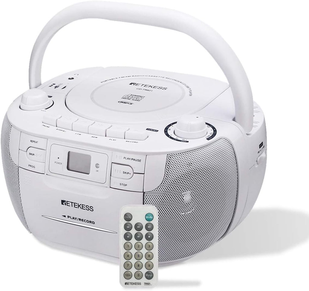 White Portable CD and Cassette Player Boombox with AM FM Radio O2169