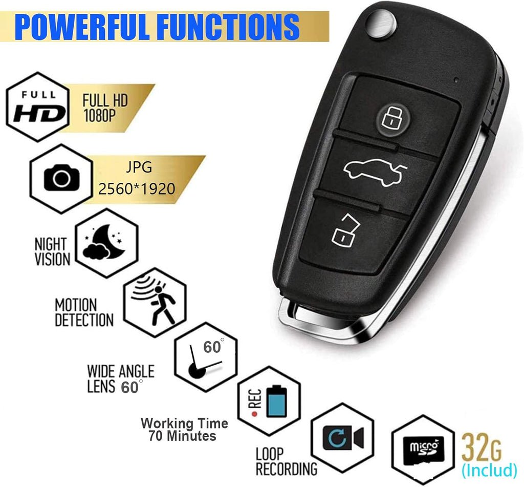 32g Car Key Spy Camera with IR Night Vision Motion Detection HD 1080P Pack of 2 W6319