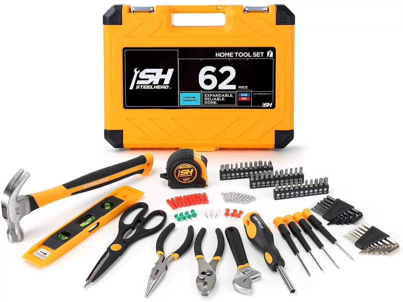 62-Piece Tool Set with Screwdriver Handle, 33 Bits, Pliers, Tape Measure, Torpedo Level, Hammer, Scissors, Wrench, Reinforced Case I77719