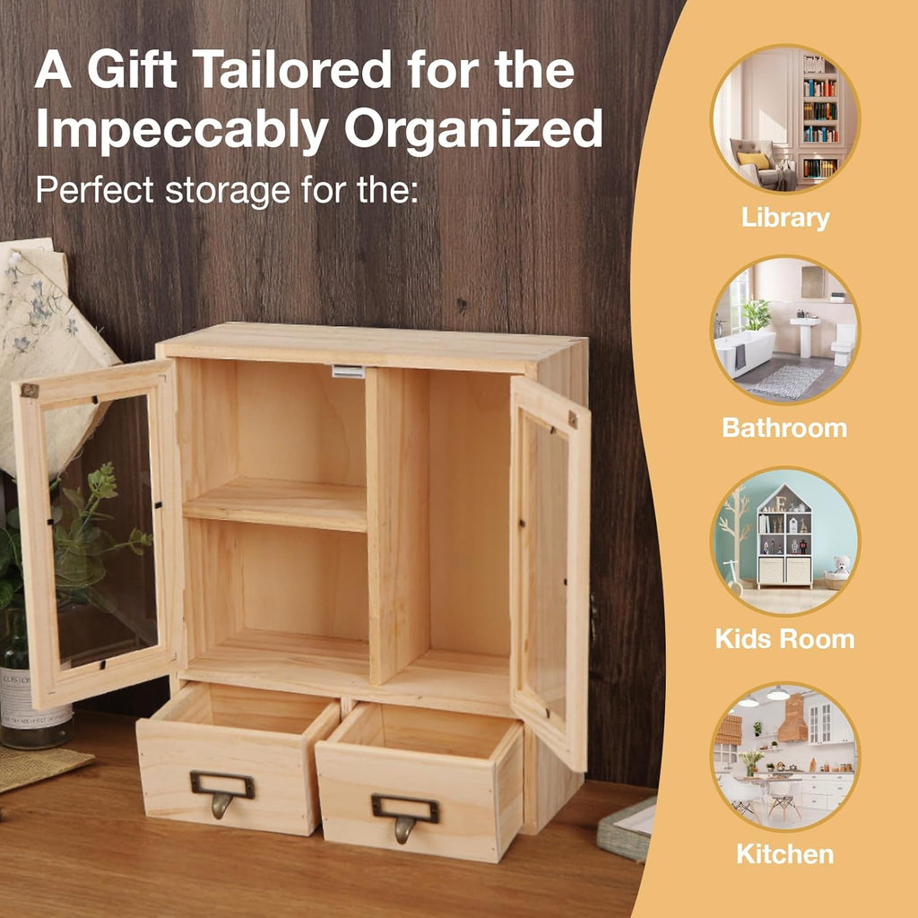 Mini Table Top Storage Cabinet with Clear Glass Doors, 2 Bottom Drawers, Light Wood Grain A784