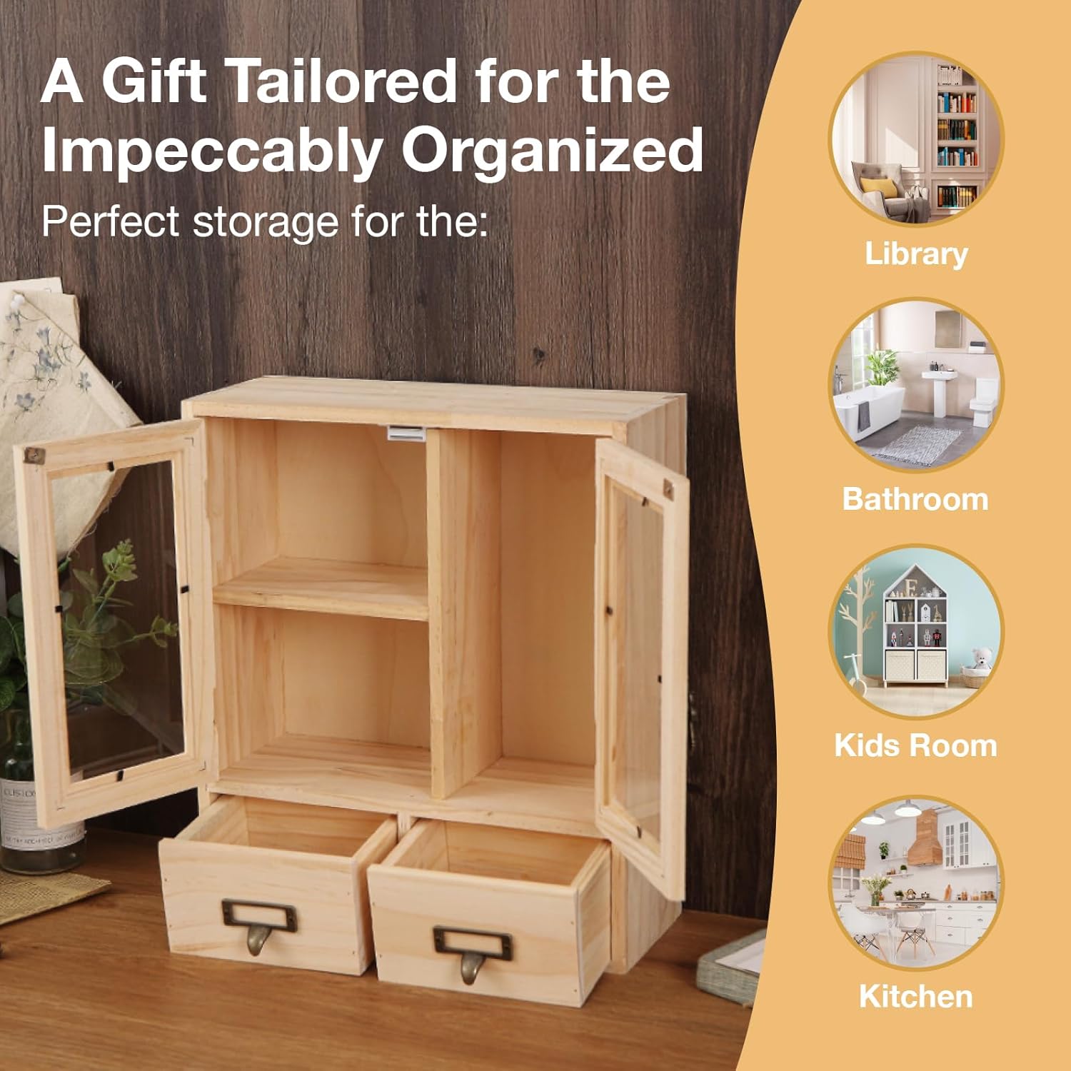 Mini Table Top Storage Cabinet with Clear Glass Doors, 2 Bottom Drawers, Light Wood Grain A784
