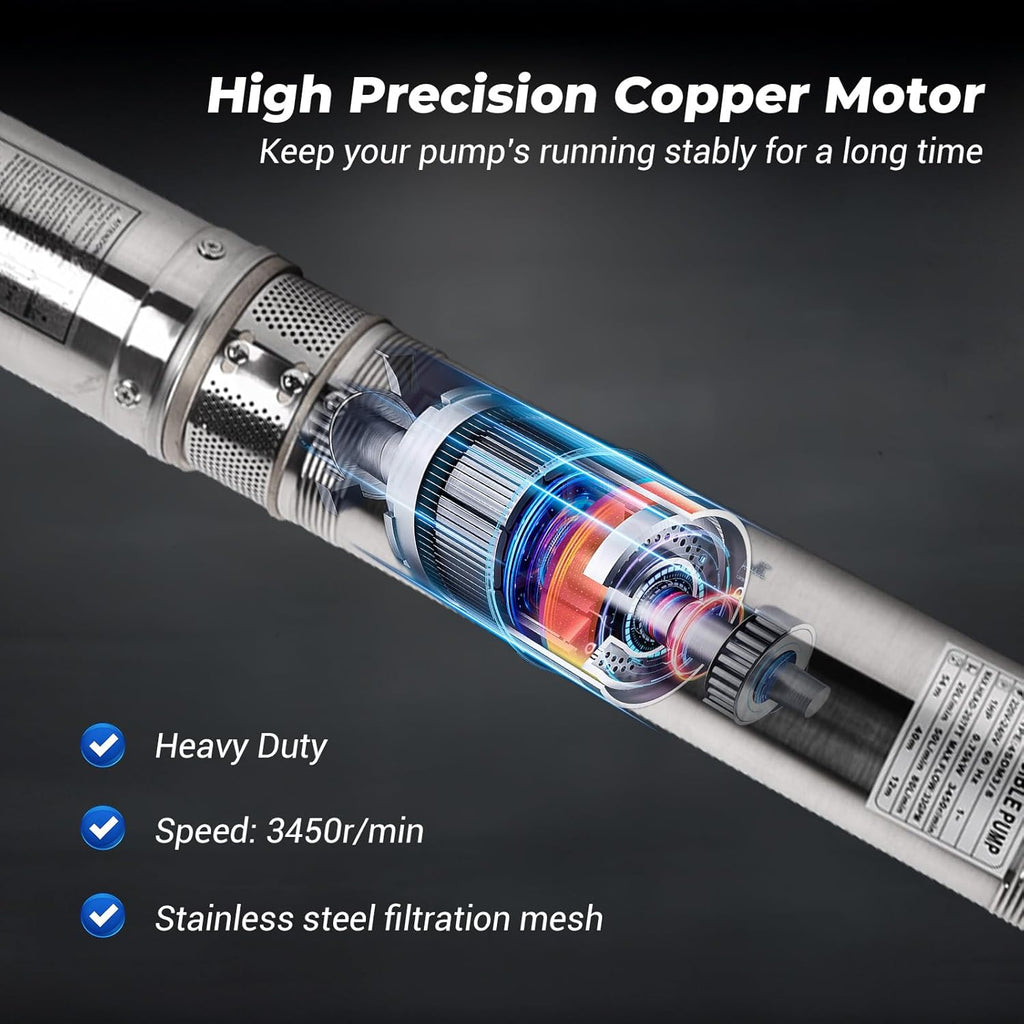 1HP 220V 60HZ 0.75KW Stainless Steel Submersible Well Pump, 1.25" Outlet, 33GPM 207ft Head K875610